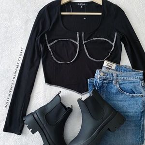 NWT Black Ribbed Crop Top With White Contrast Stitching